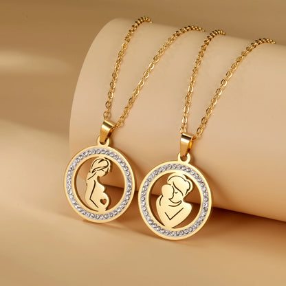 Mom Baby Clear Zircon Round Pendant Necklace Stainless Steel Gold Color Choker Fashion Family Jewelry Mother's Day Gift New In