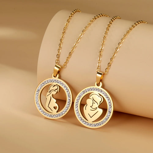 Mom Baby Clear Zircon Round Pendant Necklace Stainless Steel Gold Color Choker Fashion Family Jewelry Mother's Day Gift New In