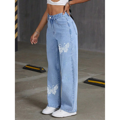 Spodnie Dżinsowe Straight Leg z Motylkami