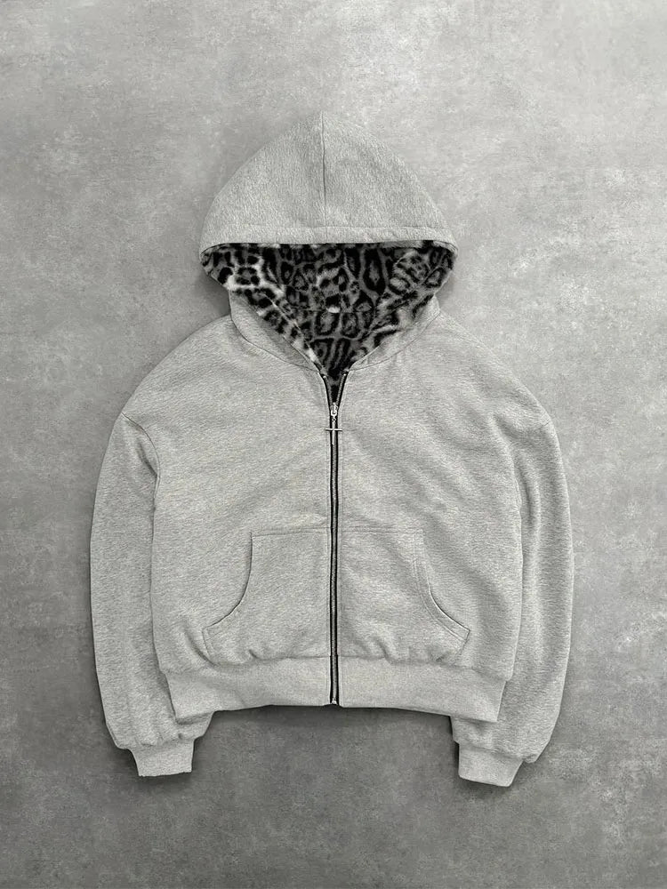Unisex hoodie hooded sweatshirt with leopard print lining pocket, loose cardigan, zipper sweatshirt, streetwear style