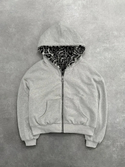 Unisex hoodie hooded sweatshirt with leopard print lining pocket, loose cardigan, zipper sweatshirt, streetwear style