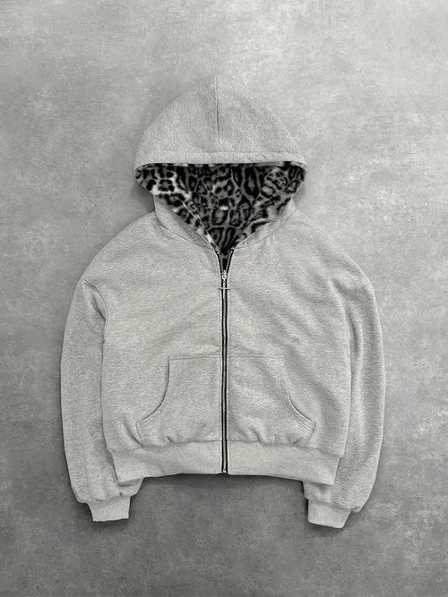 Unisex hoodie hooded sweatshirt with leopard print lining pocket, loose cardigan, zipper sweatshirt, streetwear style