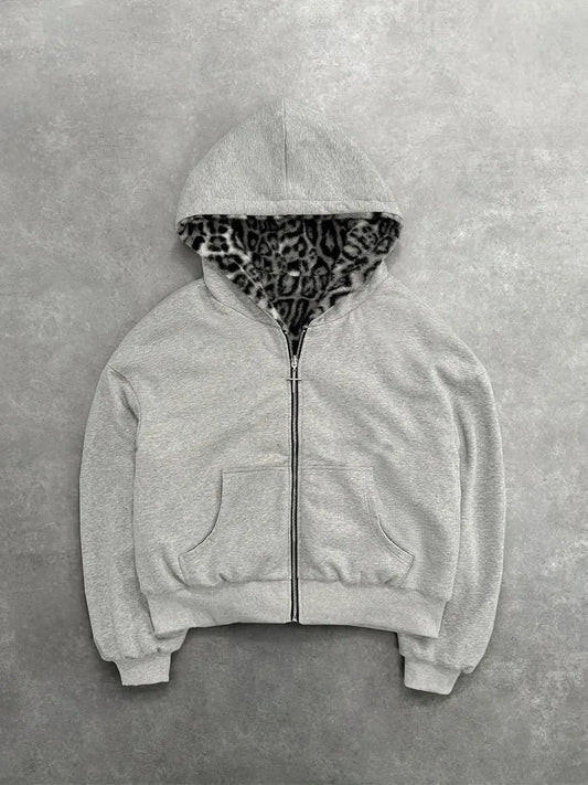 Unisex hoodie hooded sweatshirt with leopard print lining pocket, loose cardigan, zipper sweatshirt, streetwear style