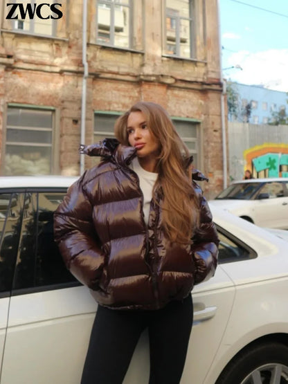 Solid Glossy Zipper Hooded Coats Women's Warm Elastic Waist Pleated Short Cotton Jacket 2025 Winter New Lady High Street Outwear