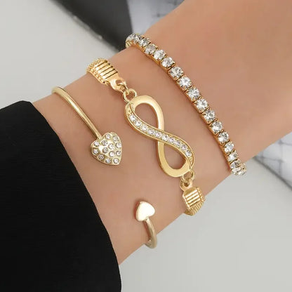 3pcs/Set Vintage Crystal Rhinestone Heart Bracelets for Women Fashion Geometric Adjustable Infinity Cuff Bangle Jewelry Gifts
