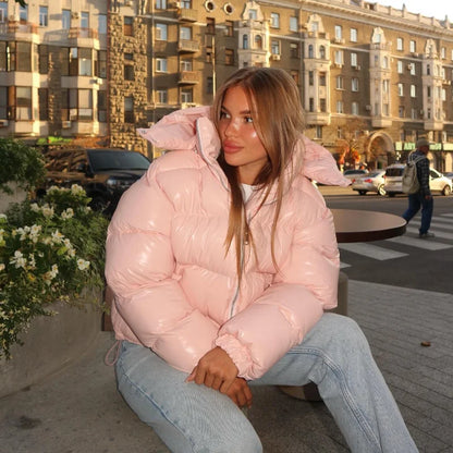 Solid Glossy Zipper Hooded Coats Women's Warm Elastic Waist Pleated Short Cotton Jacket 2025 Winter New Lady High Street Outwear