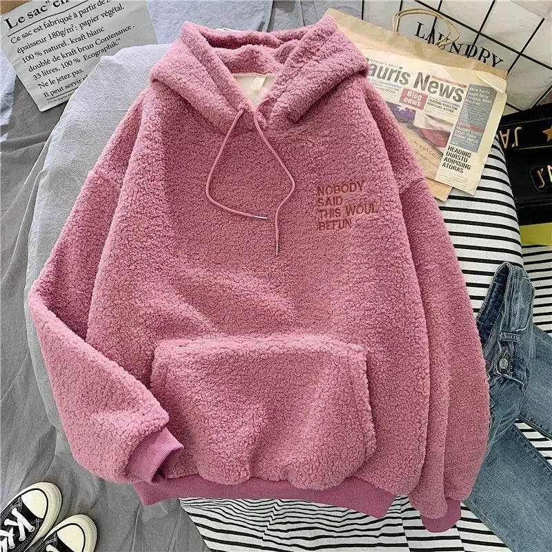 Women's Trendy Korean Style Loose-Fit Fleece-Lined Thickened Sweatshirt With Hoodie Autumn/Winter Warm and Comfortable