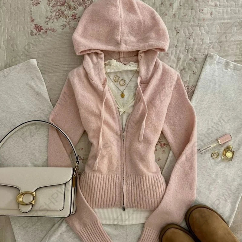 Women's 2025 Gothic Aesthetic Autumn Winter Fur Collar Hoodie Casual Slim Chic Design Cardigan Sweatshirt 2000s Harajuku Clothes