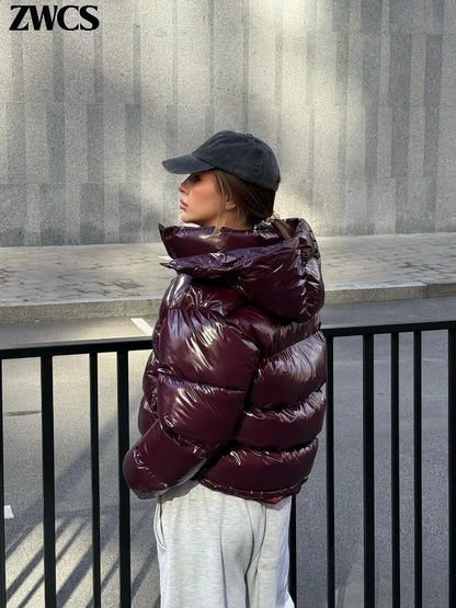 Solid Glossy Zipper Hooded Coats Women's Warm Elastic Waist Pleated Short Cotton Jacket 2025 Winter New Lady High Street Outwear