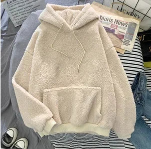 Women's Trendy Korean Style Loose-Fit Fleece-Lined Thickened Sweatshirt With Hoodie Autumn/Winter Warm and Comfortable