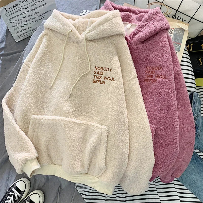 Women's Trendy Korean Style Loose-Fit Fleece-Lined Thickened Sweatshirt With Hoodie Autumn/Winter Warm and Comfortable