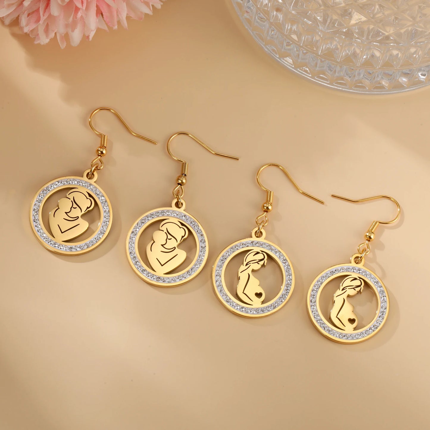 Mom Baby Clear Zircon Round Pendant Necklace Stainless Steel Gold Color Choker Fashion Family Jewelry Mother's Day Gift New In