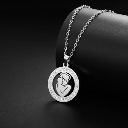 Mom Baby Clear Zircon Round Pendant Necklace Stainless Steel Gold Color Choker Fashion Family Jewelry Mother's Day Gift New In