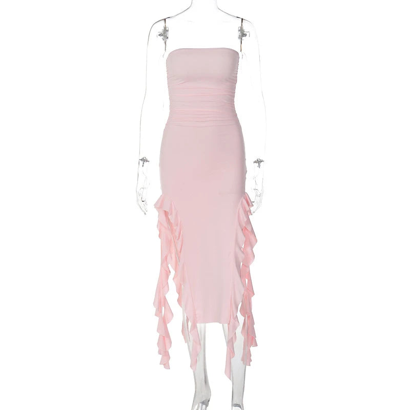 Sukienka Midi z Efektem Falbany i Wycięciami