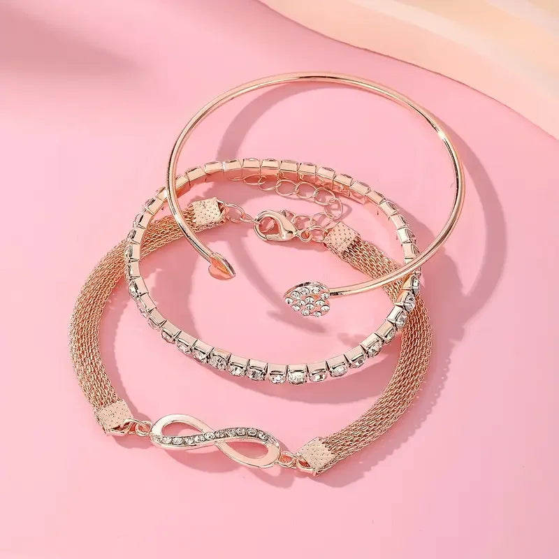 3pcs/Set Vintage Crystal Rhinestone Heart Bracelets for Women Fashion Geometric Adjustable Infinity Cuff Bangle Jewelry Gifts