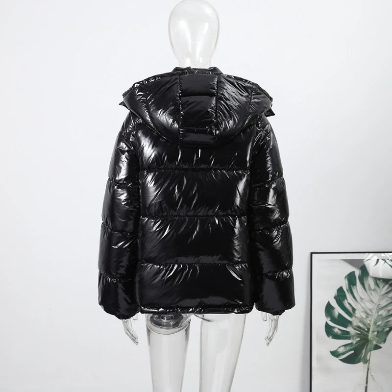Solid Glossy Zipper Hooded Coats Women's Warm Elastic Waist Pleated Short Cotton Jacket 2025 Winter New Lady High Street Outwear