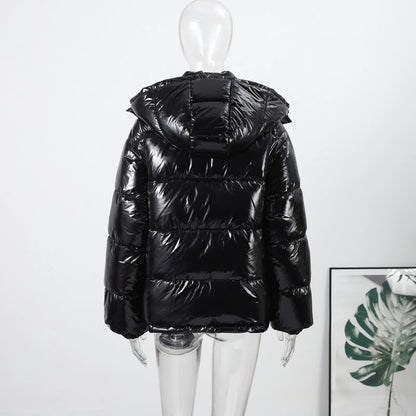 Solid Glossy Zipper Hooded Coats Women's Warm Elastic Waist Pleated Short Cotton Jacket 2025 Winter New Lady High Street Outwear