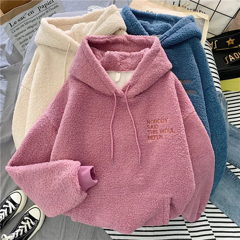 Women's Trendy Korean Style Loose-Fit Fleece-Lined Thickened Sweatshirt With Hoodie Autumn/Winter Warm and Comfortable