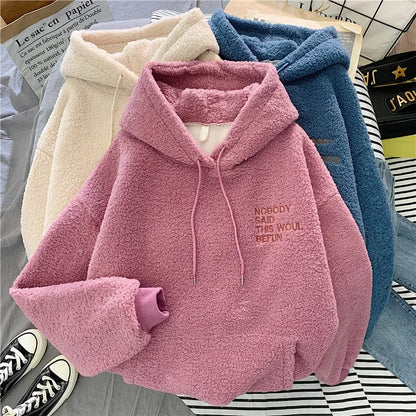 Women's Trendy Korean Style Loose-Fit Fleece-Lined Thickened Sweatshirt With Hoodie Autumn/Winter Warm and Comfortable
