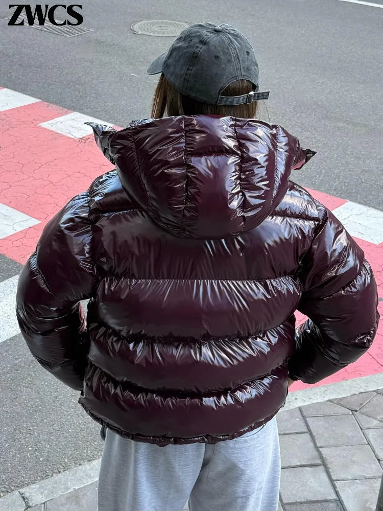 Solid Glossy Zipper Hooded Coats Women's Warm Elastic Waist Pleated Short Cotton Jacket 2025 Winter New Lady High Street Outwear