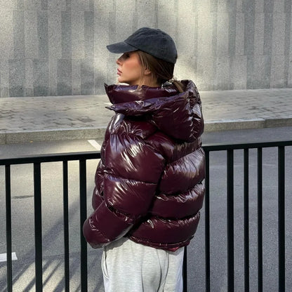 Solid Glossy Zipper Hooded Coats Women's Warm Elastic Waist Pleated Short Cotton Jacket 2025 Winter New Lady High Street Outwear