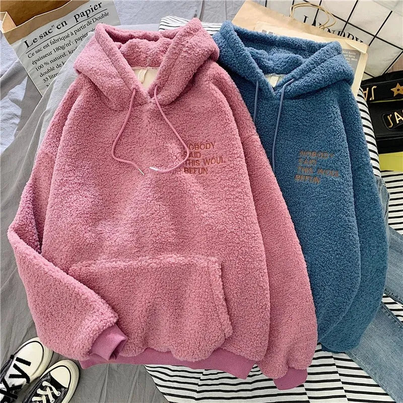 Women's Trendy Korean Style Loose-Fit Fleece-Lined Thickened Sweatshirt With Hoodie Autumn/Winter Warm and Comfortable