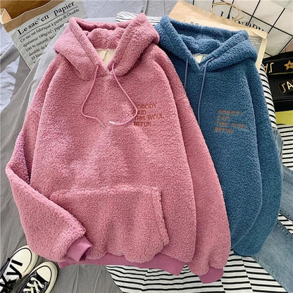 Women's Trendy Korean Style Loose-Fit Fleece-Lined Thickened Sweatshirt With Hoodie Autumn/Winter Warm and Comfortable