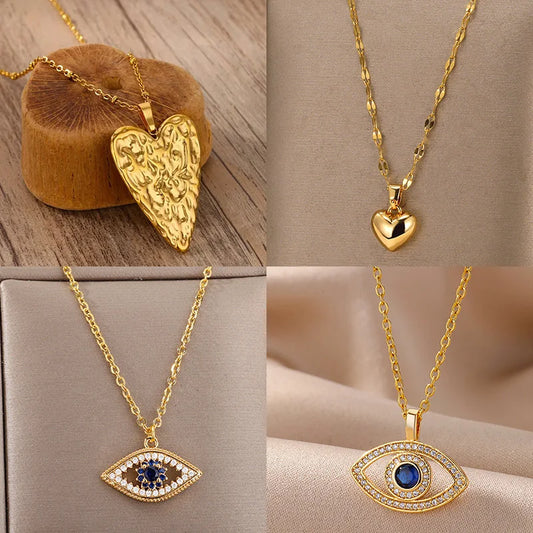 Trendy Heart Pendant Stainless Steel Pleated Necklaces For Women Trendy Gold Color Aesthetic Pendant Necklace Jewelry Accessory