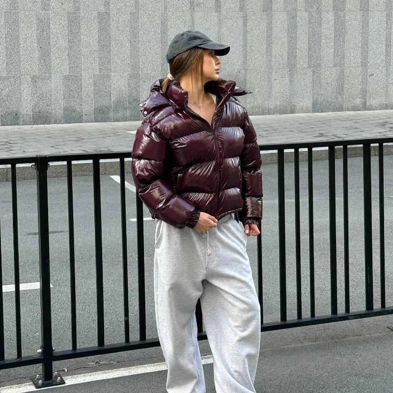 Solid Glossy Zipper Hooded Coats Women's Warm Elastic Waist Pleated Short Cotton Jacket 2025 Winter New Lady High Street Outwear