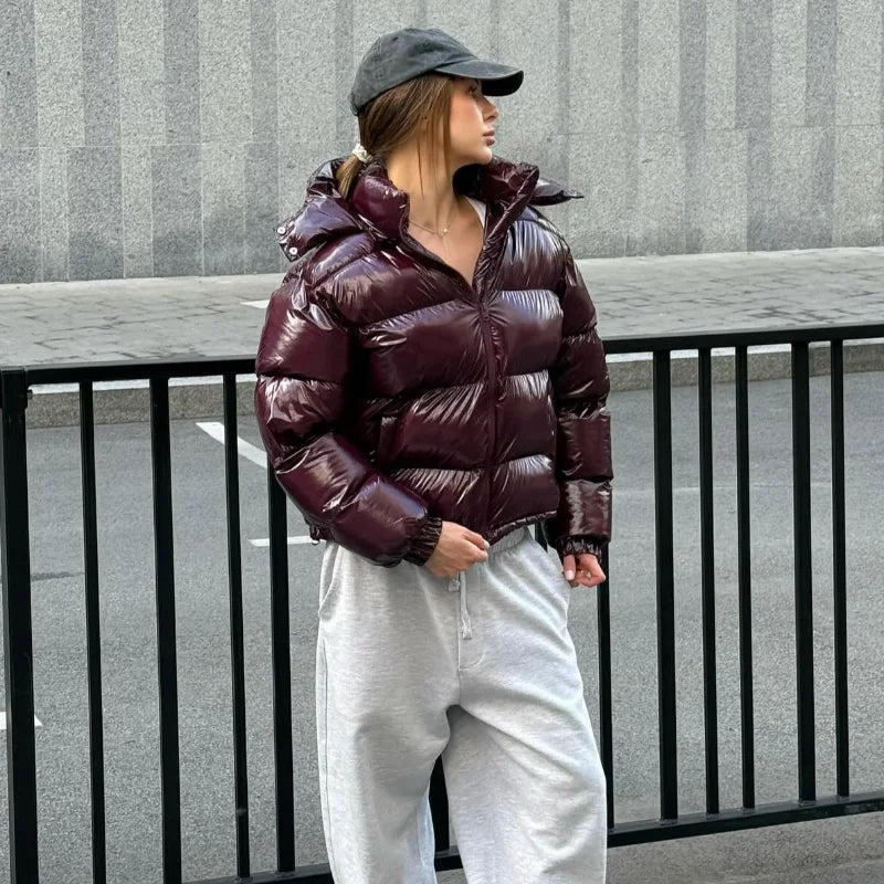 Solid Glossy Zipper Hooded Coats Women's Warm Elastic Waist Pleated Short Cotton Jacket 2025 Winter New Lady High Street Outwear