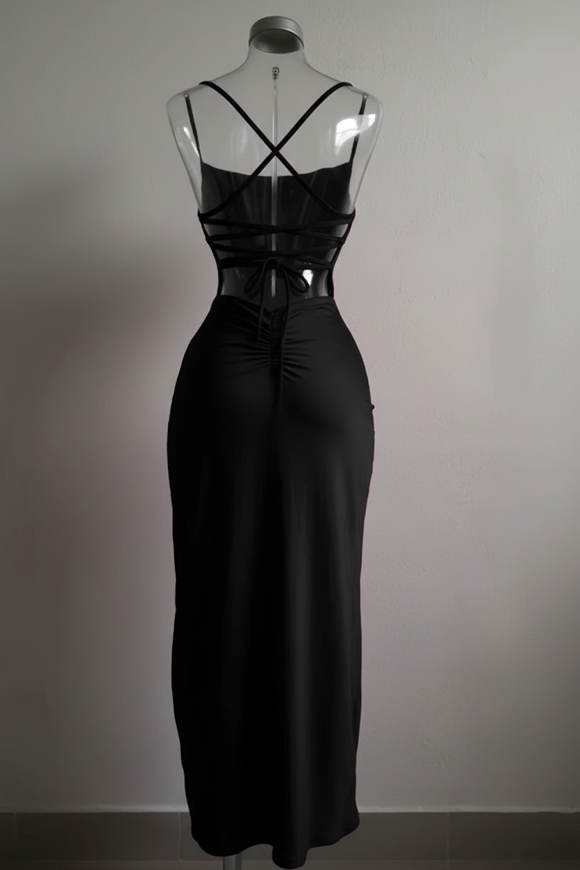 Czarna sukienka maxi - tył