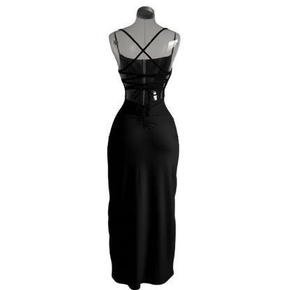 Elegancka Sukienka Maxi z Gorsetem i Asymetrycznym Rozcięciem