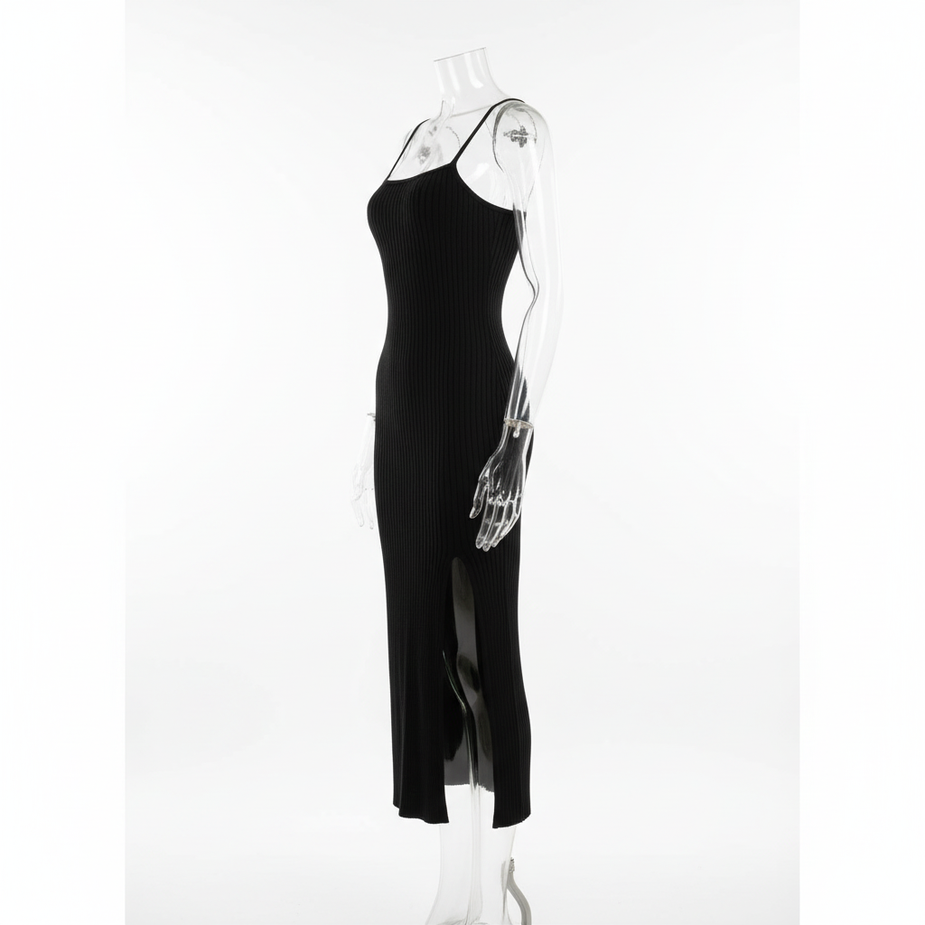 Czarna sukienka midi prążkowana - bok