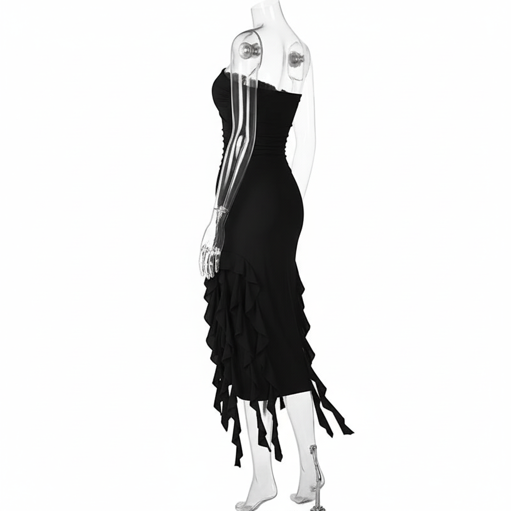 Czarna sukienka midi z falbanami - bok