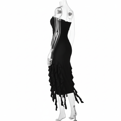 Czarna sukienka midi z falbanami - bok